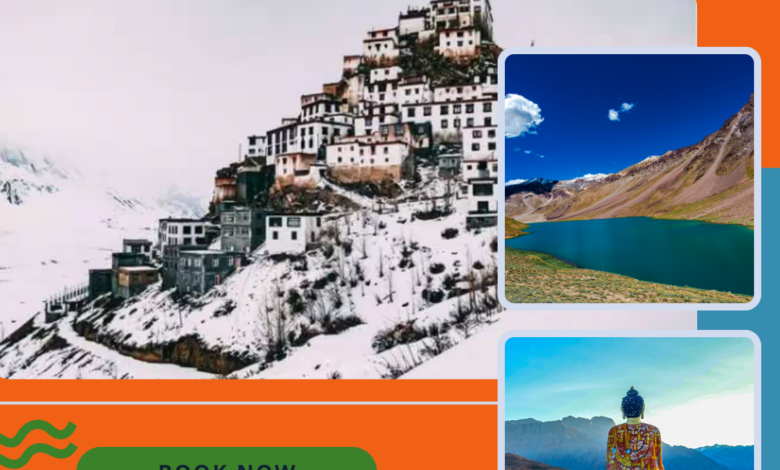 Travel promotional poster for a Spiti Valley tour with friends, featuring images of snow-covered Key Monastery, a pristine blue mountain lake, and a colorful Buddha statue against a mountainous backdrop.