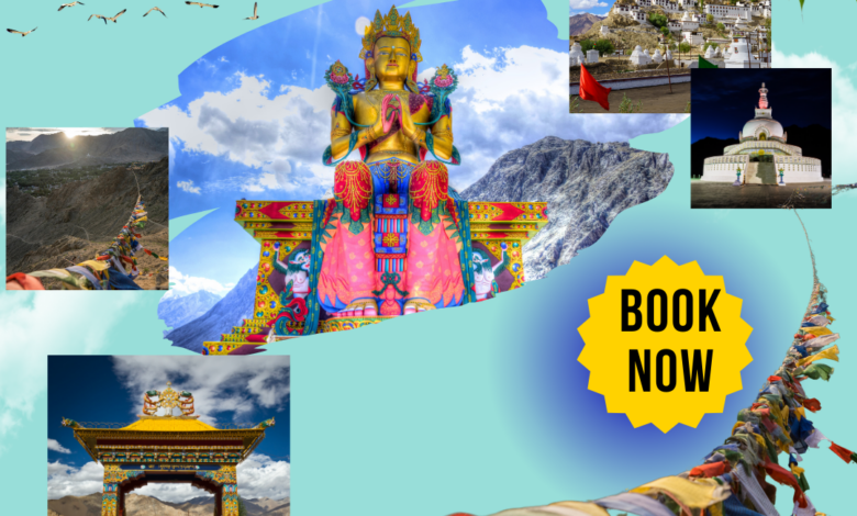 A travel advertisement for Leh Ladakh by "Hills Trip," featuring a collage of famous landmarks, including a large golden Buddha statue, a monastery, a gateway, prayer flags, and scenic landscapes. The text "BOOK NOW" is prominently displayed in a yellow badge, and contact details are provided at the bottom.