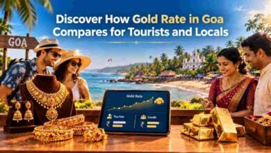 Gold jewellery, gold bars, and tourists and local shoppers comparing gold rates in Goa.